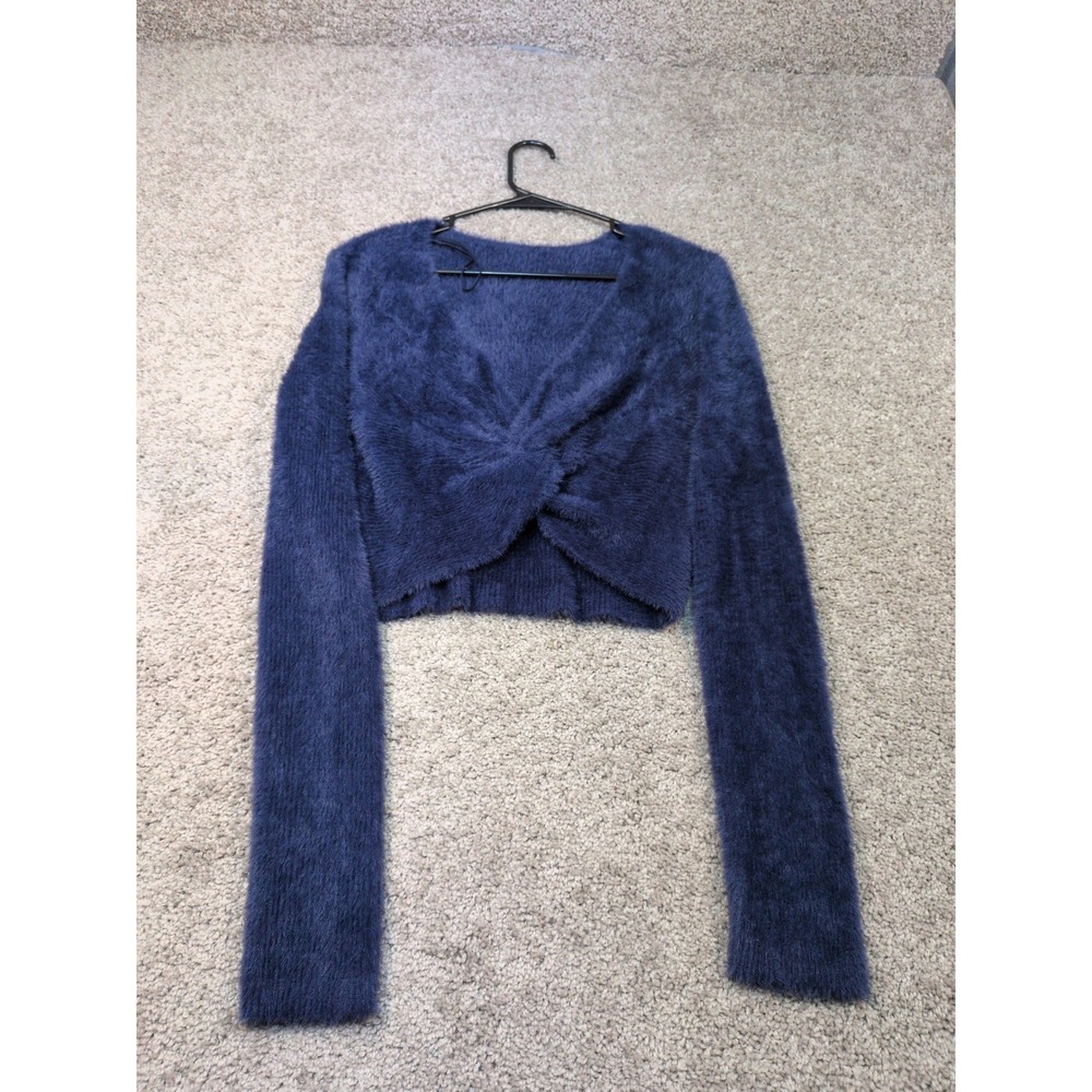 Aerie Navy Blue Fuzzy Twist Front Cropped Sweater Long Sleeve Size Medium NEW